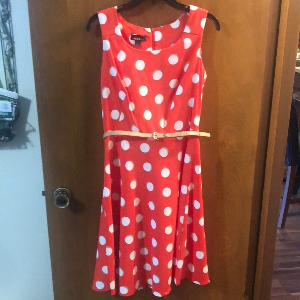 Coral colored dress with white and brown accents. Tan, thin leather belt.